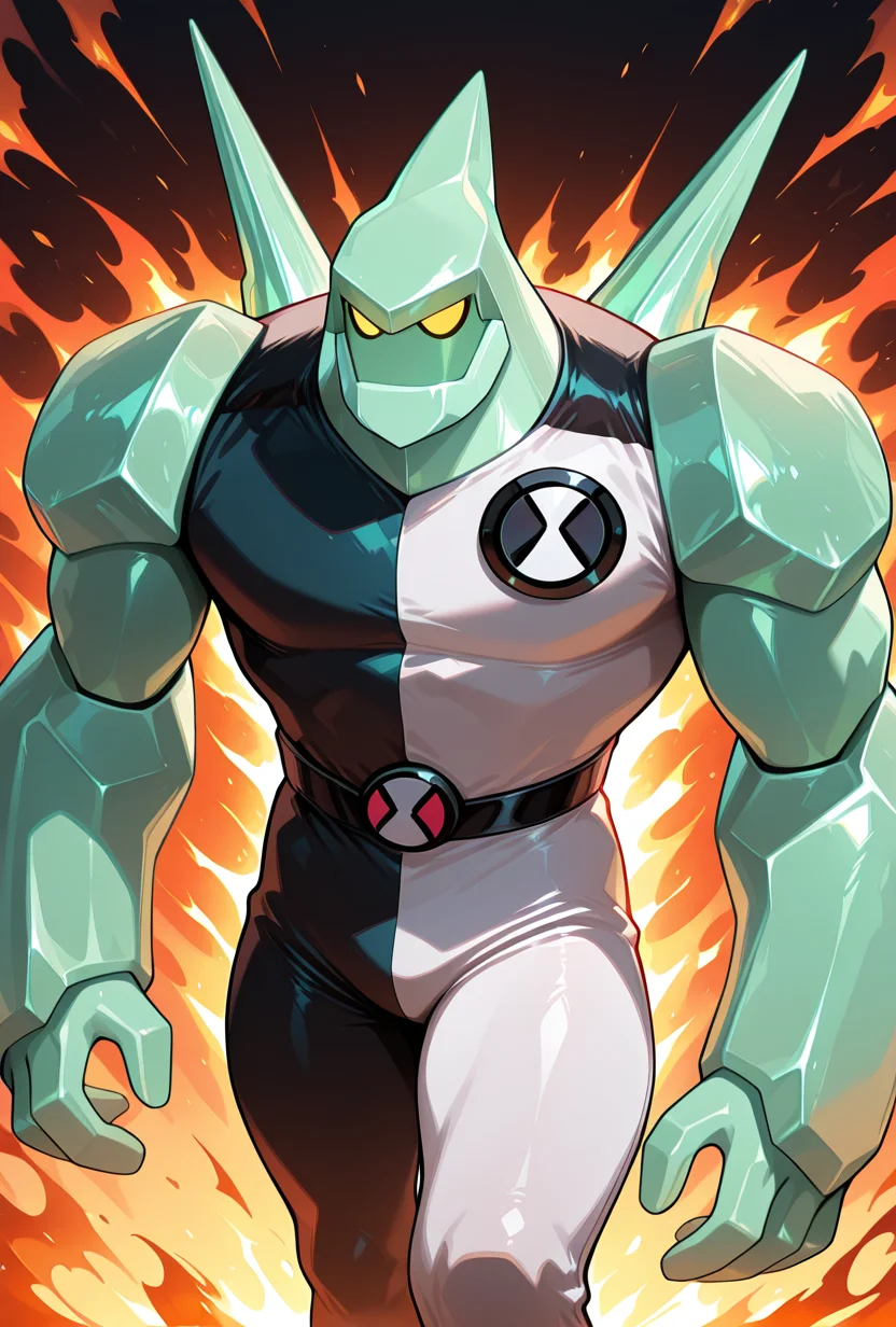 <lora:diamondhead-06:1> diamondhead, robot, yellow eyes, solo, 1boy, no humans, pokemon (creature), armor, spikes, yellow sclera, green skin, bodysuit, fire background, cartoon,, masterpiece, best quality, amazing quality, very aesthetic, absurdres, newest,