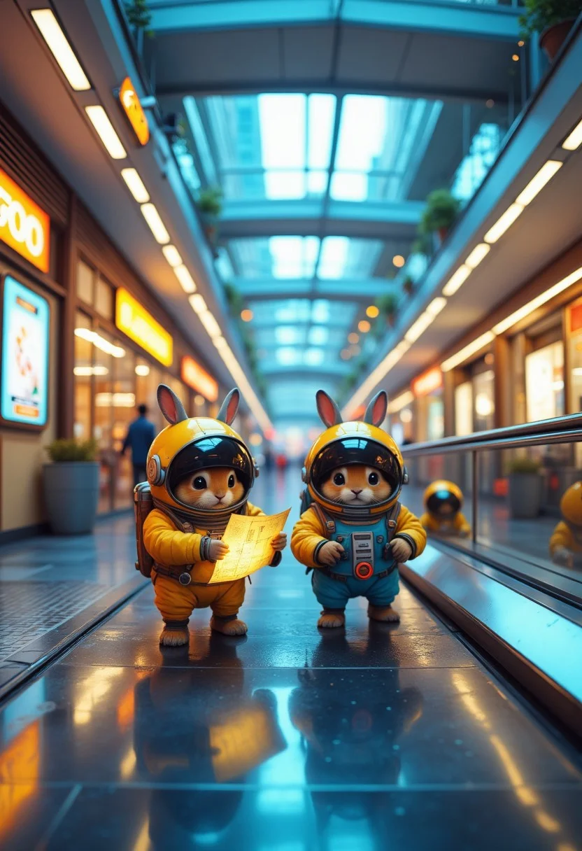 Three tiny space bunnies wearing yellow and blue space suits, with round helmets adorned with metallic rabbit ears, dart through the neon-lit corridors of a futuristic shopping mall. They're clutching a glowing map as robotic security drones whiz past them, narrowly missing their fluffy tails. One bunny slides under a food court table, another leaps over a holographic advertisement, while the third clings to a moving escalator railing, ears twitching with determination. The scene is chaotic, playful, and full of high-speed, cinematic energy. blankmj l10nhe43t