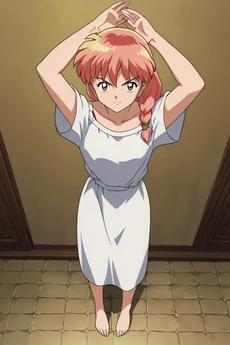 score_9, score_8_up, score_7_up, source_anime, rating_safe, intricate details, looking at viewer, , 1girl, amber eyes, strawberry blonde hair, side braid, ,, solo, from above, full body, palace, indoors, dark, arms above head, smirk, <lora:inuyasha_style_pony:1.0>, inuyasha_style, , <lora:sdxl_lightning_8step_lora:1>