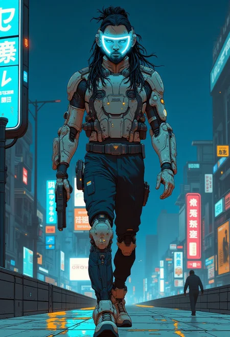 A (full body portrait:1.4) of a 26 year old African american man. He has long black hair in dread locks tied up. He has a short beard. He is wearing a futuristic visor with clear blue. He has a black and white futuristic body suit and cybernetic arms. He has a pistol in his hand. He is on a rooftop walking towards the viewer. Night
There is a scar over his left eye. 
cyberpunk, high-quality digital artwork, detailed background