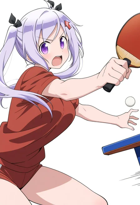 (anime coloring:0.8), (anime screencap:0.5), (masterpiece, best quality, newest, absurdres, highres, )
looking at viewer, cowboy shot, dutch angle, from side,
white background,
1girl, <lora:kamiya_agari:1>black hair ribbon, kamiya agari, red arrow (symbol), arrow hair ornament, solo, hair ornament, parody, gym uniform, open mouth,
red serafuku, holding racket, table tennis paddle, dynamic pose, table tennis ball, playing sports, motion lines, speed lines, table tennis, outstretched arms, leaning forward,