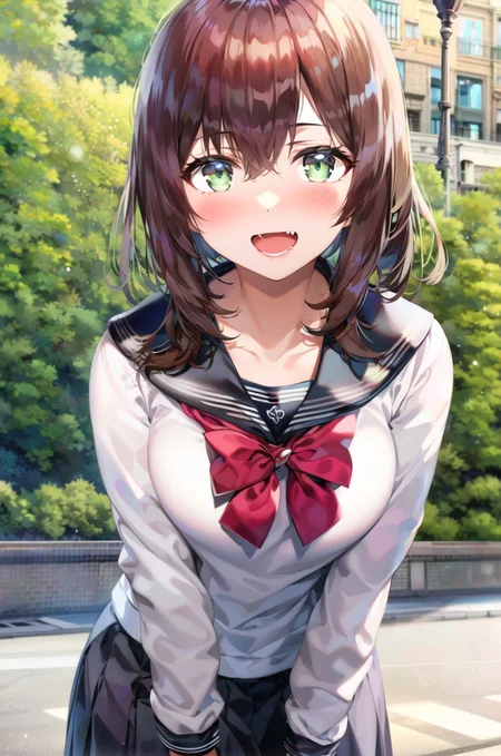 1girl, solo, skirt, brown hair, school uniform, open mouth, breasts, pleated skirt, blush, looking at viewer, shirt, long sleeves, serafuku, black skirt, smile, fang, outdoors, bangs, cleavage, blurry, white shirt, sailor collar, collarbone, blurry background, bow, :d, leaning forward, red bow, depth of field, standing, tree, black sailor collar, green eyes, red bowtie, day, bowtie, cowboy shot, (masterpiece,best quality)