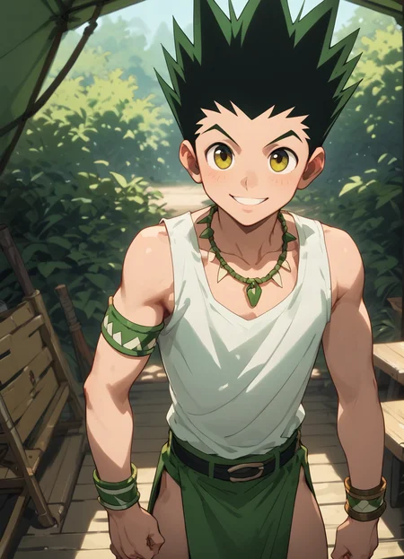 score_9, score_8_up, score_7_up, ultra detailed, anime_source,amazing quality, best aesthetic, smooth,HD32k, Uncensored ,
<lora:Gon_Freecss_PonyXL:0.8> Gon Freecss, HxH, 1boy, male focus, spiked hair, black hair, green hair, , White tank top, white shirt,loincloth,tribal, necklace, armband, bracelet, animal print ,Childish temperament,18 years old, bishounen:1.3, emaciate physique , ,handsome:1.1,cute face,thin body,detailed eyes,high detail face,High-resolution facial details,colorful,Smooth skin, light smile,
standing,
screen focus on upper body,perfect shooting angle,
outdoor,camp, camp area, tent, wooden chair,
great anatomy,
<lora:add-detail-xl:0.8>, <lora:g4n1m3XLP:0.6> g4n1m3,
<lora:OtherStyle_08-Merge5_06_04_02_02:0.8>,,<lora:feet v3:0.8> <lora:Expressive_H:0.8> Expressiveh,