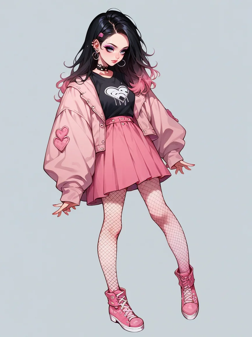 source_anime, score_9, score_8_up, score_7_up, score_6_up, score_5_up, <lora:egirlXLP:0.8> egirl, 1girl, solo, makeup, black hair, gradient hair, ear piercing, eyeshadow, fishnet pantyhose, full body, blue, pink, white