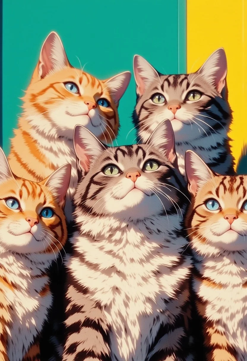 Five cute cats of different colors, gathered together and looking in the same direction.Look at viewer
They have soft fluffy furs, large expressive eyes and calm, friendly expressions of faces. The background is made in bright colors: green, blue and yellow shades create a pleasant contrast with the cats.