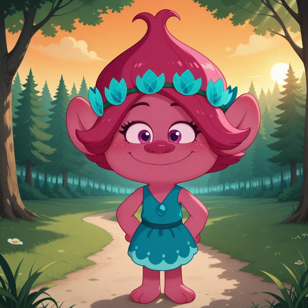 score_9, score_8, BREAK, solo, Poppy_(Trolls), 1girl, solo, pink hair, head wreath, pink skin, pink skin female, teal and light blue dress, barefoot, sexy pose, self portrait, smile, looking at viewer, outdoors, sunlight, shadows, evening lighting, natural lighting, forest, trees, grass, orange sky, sunset