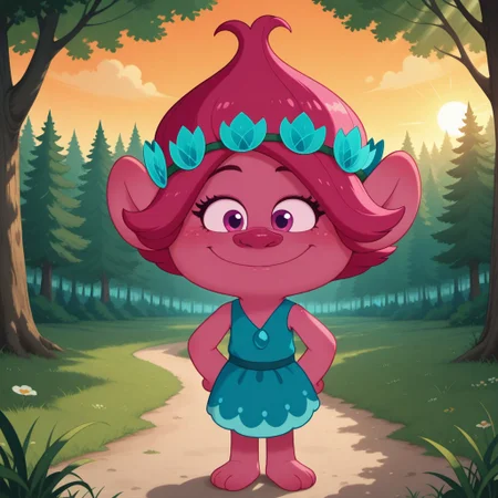 score_9, score_8, BREAK, solo, Poppy_(Trolls), 1girl, solo, pink hair, head wreath, pink skin, pink skin female, teal and light blue dress, barefoot, sexy pose, self portrait, smile, looking at viewer, outdoors, sunlight, shadows, evening lighting, natural lighting, forest, trees, grass, orange sky, sunset