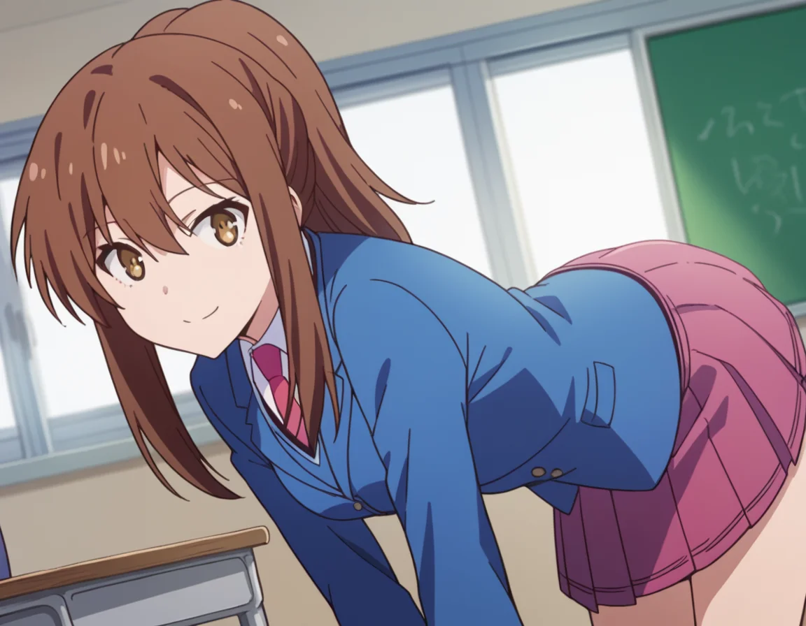 score_9, score_8_up, score_7_up, source_anime,
nanamiaoyama, <lora:nanami-aoyama-s1-ponyxl-lora-nochekaiser:1>,
nanami aoyama, long hair, bangs, brown hair, hair between eyes, brown eyes, ponytail, sidelocks,
skirt, school uniform, jacket, pleated skirt, necktie, blazer,
indoors, classroom, bent over, smile,
looking at viewer, cowboy shot, solo, dutch angle