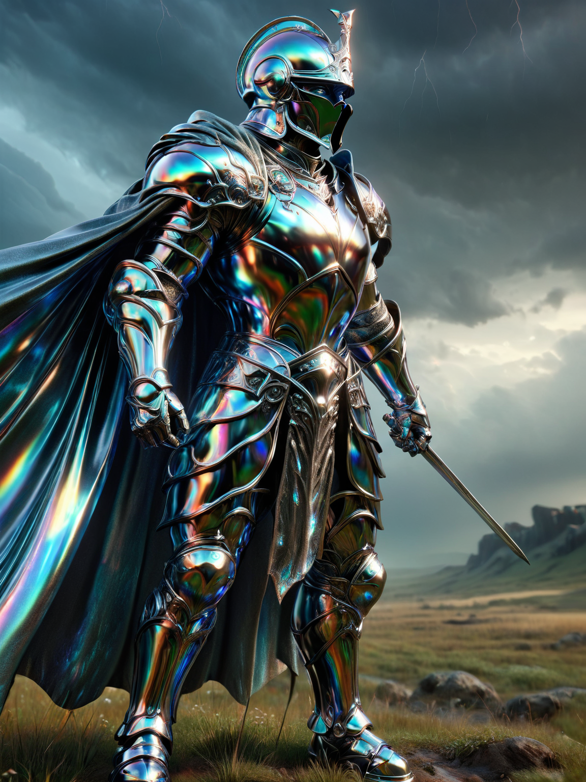 A warrior clad in ais-metalz armor, standing heroically on a battlefield, with a detailed iridescent cape fluttering in the wind, amidst a dramatic stormy sky <lora:Metallic_Iridescence_SDXL:1>