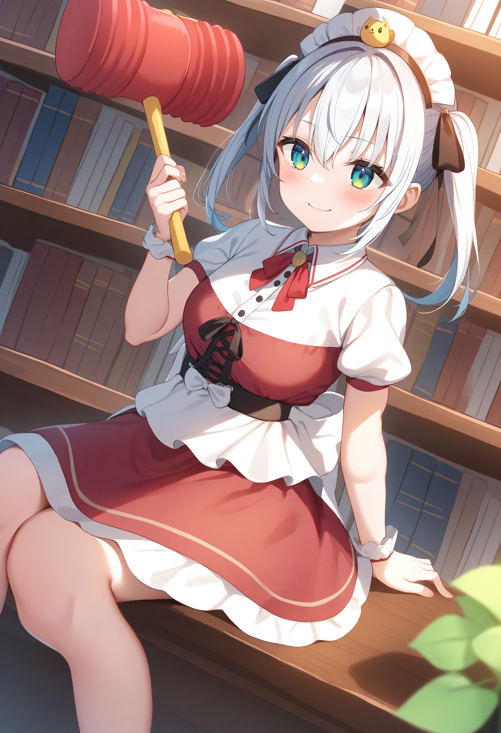 1girl,sincos, ningen mame, toosaka asagi,solo,medium breasts,20yo,maid,maid headdress,
piko piko hammer, toy hammer, holding, <lora:pikopikohammer_XL_v1:0.8>
from behind, cinematic angle, looking away, silver hair, green eyes,teasing smile, library, closed mouth, twintails hair,,
best quality, very aesthetic, absurdres
