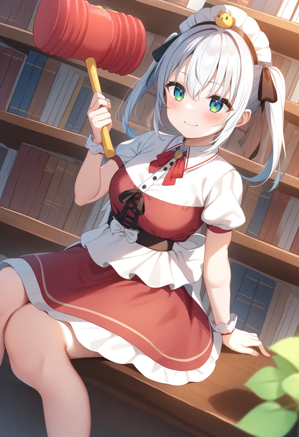 1girl,sincos, ningen mame, toosaka asagi,solo,medium breasts,20yo,maid,maid headdress,
piko piko hammer, toy hammer, holding, <lora:pikopikohammer_XL_v1:0.8>
from behind, cinematic angle, looking away, silver hair, green eyes,teasing smile, library, closed mouth, twintails hair,,
best quality, very aesthetic, absurdres