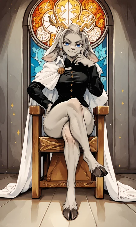 score_9, score_8_up, score_7_up, score_6_up, score_5_up, score_4_up, <lora:ayami_kojima_castlevania_pony:0.8> kojima ayami, castlevania, inside, throne room, front view, window, stained glass BREAK
<lora:Sybil PseudoregaliaPDXL:1> Sybil, furry, female, grey body, golden antlers, blue eyes, looking at viewer, smug, smile, floppy ears, spread arms, black shirt, white cape, sitting, wide hips, digitigrade, cloven hooves, (crossed legs:1.1), hand on chin, hand on hip, head tilt