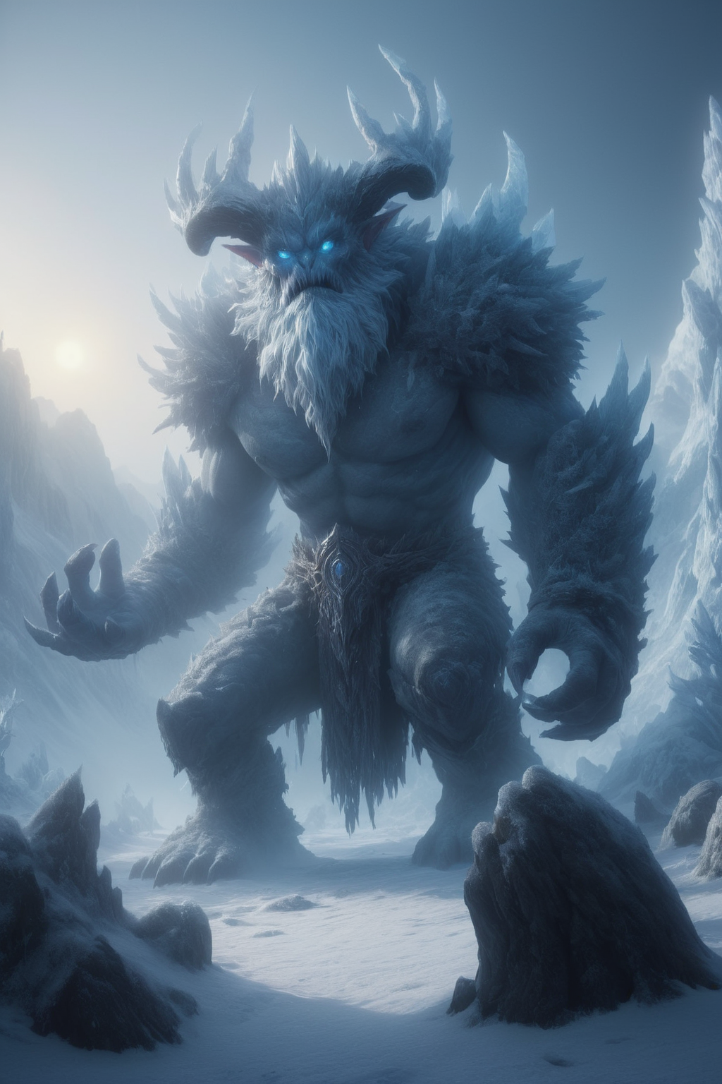 ultra realistic 8k cg, masterpiece, professional artwork, cinematic lighting,  painting of a (Frost Giant) summoning monsters <lora:Fantasy_Monsters_XL:1>