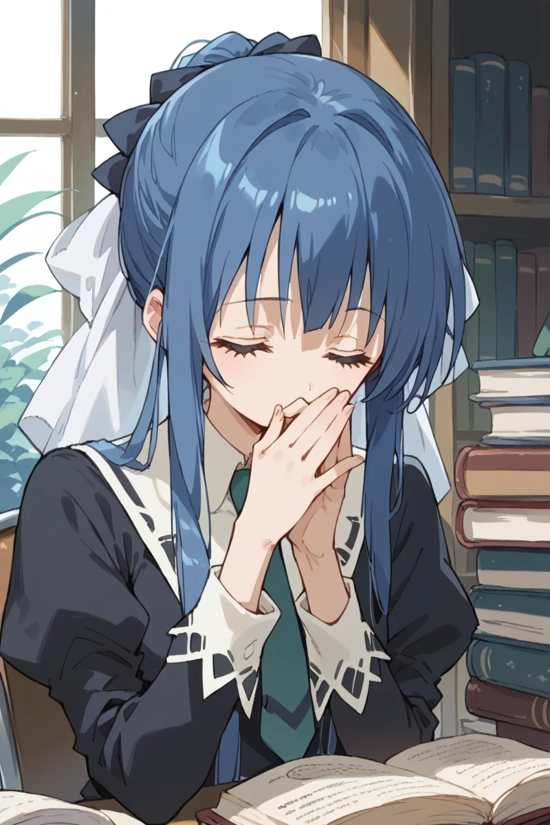 score_9, score_8_up, score_7_up, score_6_up,
<lora:Tamao_Suzumi:1> tamao, miator, 1girl, solo, closed eyes, blue hair, covering mouth, long hair, book, necktie, long sleeves, bow, hand over own mouth, hair bow, ribbon, school uniform, sidelocks