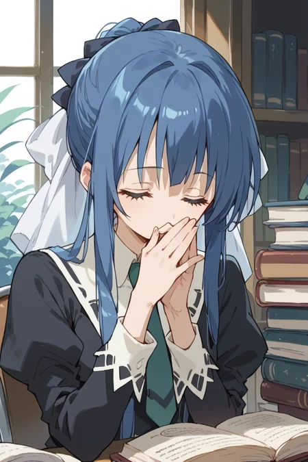 score_9, score_8_up, score_7_up, score_6_up,
 <lora:Tamao_Suzumi:1> tamao, miator, 1girl, solo, closed eyes, blue hair, covering mouth, long hair, book, necktie, long sleeves, bow, hand over own mouth, hair bow, ribbon, school uniform, sidelocks