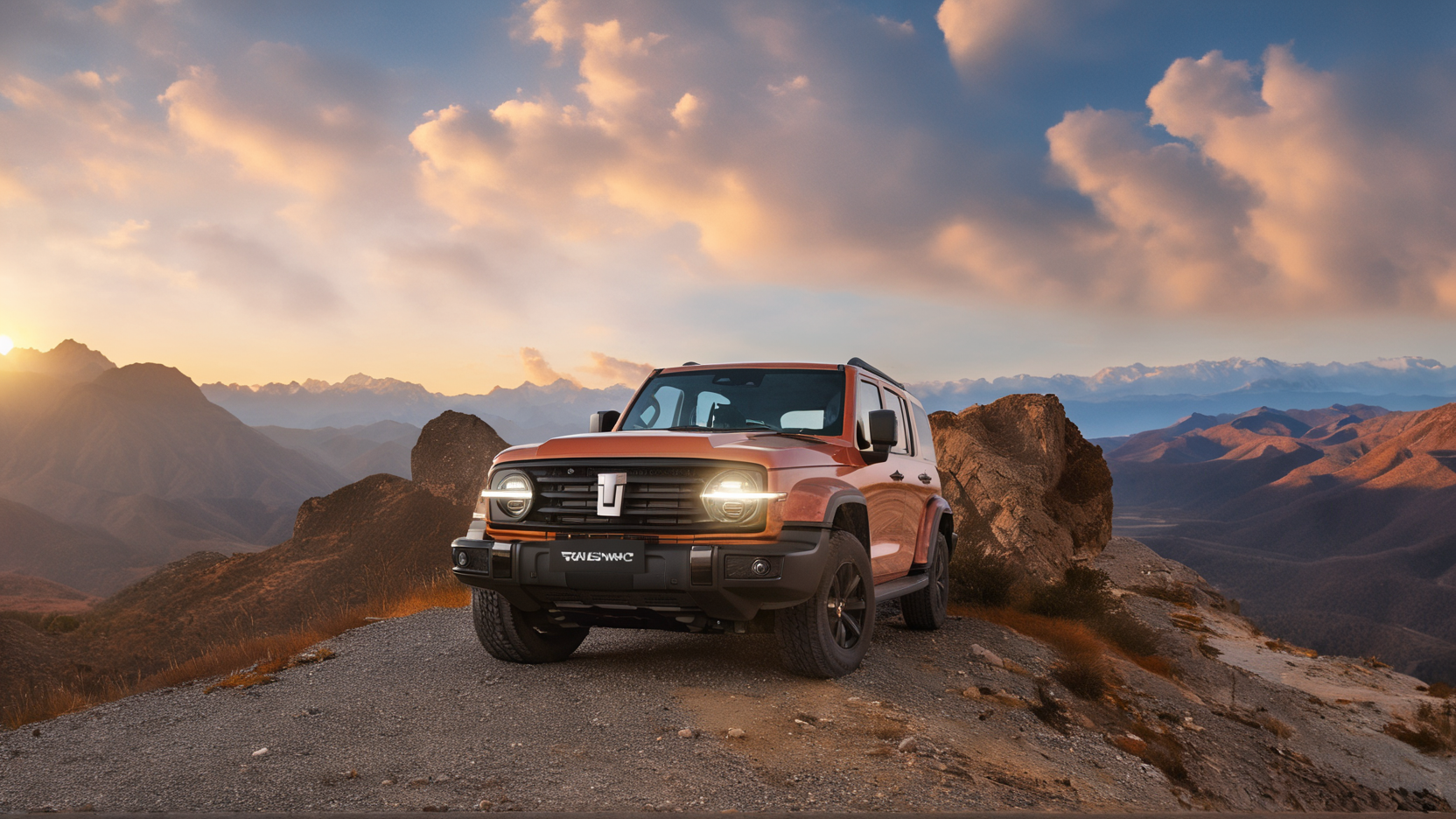 a gwm txxx parked in the top of rock mountain, sunset light across the clouds, clear background, beautiful, hd, 8k, (photographic:1.5), magnificent, grandiose, mac os wallpaper  <lora:GWMTank300_V2.0:1>