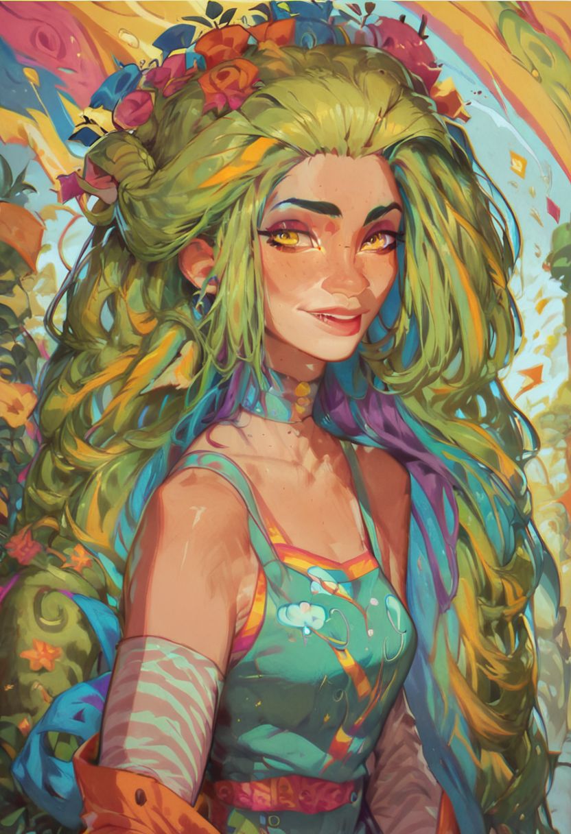 score_9, score_8_up, score_8, 1girl, smooth, highly detailed, green hair, perfect, high quality, yellow eyes, rainbow style, vibrant colors, vivid colors,