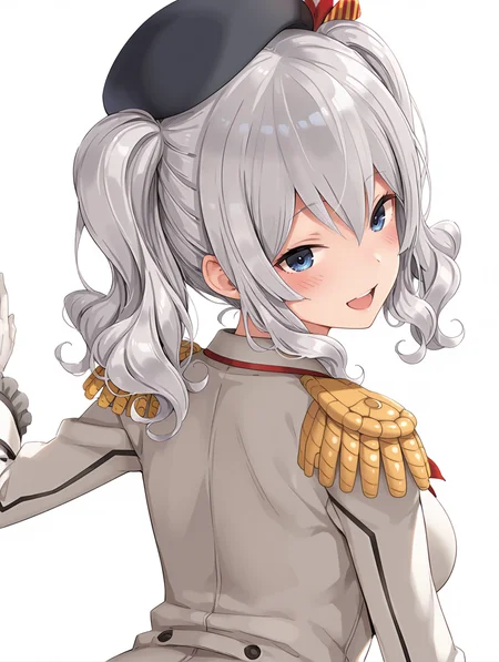 masterpiece,best quality,newest,1girl,solo,
<lora:kashima_ilxl_v1.2:1>,kashima,k_hat,black beret,k_clothes,
<lora:Fixhands_anime_bdsqlsz_V1:1>,open mouth,:d,blush,simple background,white background,looking_at_viewer,looking_back,from behind,from_back,upper_body,