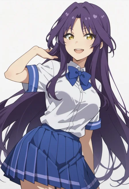 score_9, score_8_up, score_7_up, source_anime, goshoin kyo, purple hair, yellow eyes, long hair, 1girl, solo, school uniform, skirt, smile, open mouth, bow, blue skirt, very long hair, shirt, looking at viewer