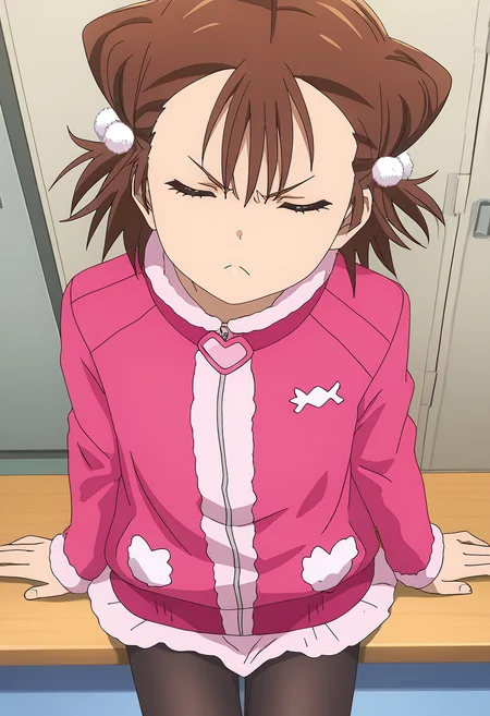 <lora:Ryouka_MIKETA:1>,
Ryouka_MIKETA,brown hair,cone hair bun,double bun, hair ornament,short hair,pink jacket,long sleeves,black pantyhose,skirt, looking at viewer,closed mouth,angry,cowboy_shot,from_above,sitting,solo,dynamic_angle,arms_crossed,locker room,standing,facing_away,closed eyes,pout