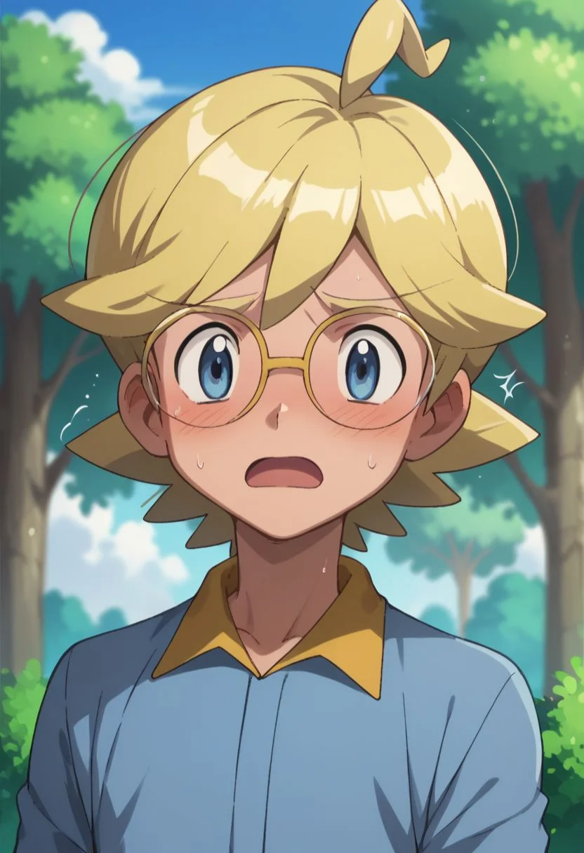 score_9, score_8_up, score_7_up, source_anime, highly detailed, 1boy, solo, male_focus, slender, skinny, cute,
clem_2, jumpsuit, 1boy, blonde hair, male focus, glasses, solo, open mouth, tree, blue eyes, ahoge, blush, embarassed,