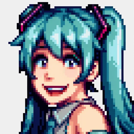 score_9, score_8_up, score_7_up, source_anime, BREAK, solo, 1girl, smile, looking at viewer, <lora:Stardew-Valley-Portraits-pdxl_Fp:1>, portrait, simple background, pixel art, white background, hatsune miku, open mouth, from side, detached sleeves,