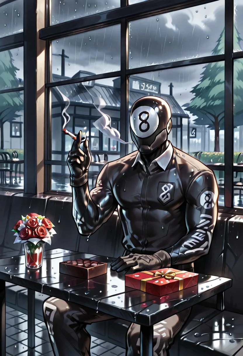 <lora:8ball:1.0>, 8ball, Fortnite, male, (black body, black skin, black gloves), (((Mask with number 8 written on it, written eight))), (5 fingers), fully clothed, (((all character black body))),
White collared shirt, black pants, Indoor, cafe, sitting at a table, smoking cigarette, cigarette in hand, blowing smoke, head resting one one hand, rainy day, looking out of window, view through windom, viewer outside, water running down window, heart shaped chocolate box on table, bouquet of roses on table,