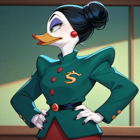 score_9, score_8_up, score_7_up, 1girl, solo, mvdt2, duck, beak, furry, skirt, green jacket, furry female, green eyes, hand on hip, jewelry, makeup, hair bun, black hair, upper body, looking at viewer, <lora:mvdt2:1>,