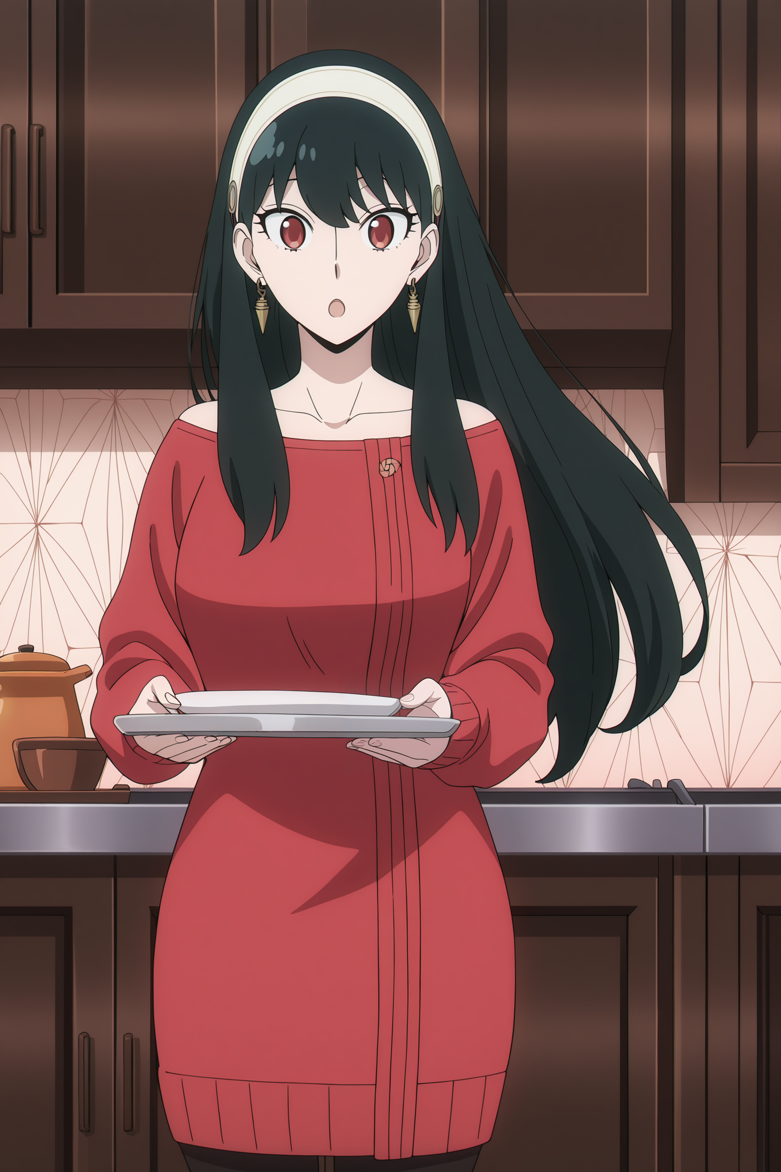 anime screencap, anime coloring, detailed face, masterpiece, best quality, very aesthetic, absurdres, volumetric lighting, official style, amazing quality, ultra detailed,  highres, amazing quality, scenery, beautiful detailed hair, beautiful detailed eyes, detailed fingers,
 <lora:All_of_Yor_ForgerBriars_outfits_Spy_x_Family:.9>
in a kitchen,
Yor red clothes(outfit), Yor Forger (character), 1girl, yor briar, solo, jewelry, black hair, earrings, tray, hairband, holding tray, red eyes, holding, long hair, pantyhose, red sweater, dress, looking at the viewer, open mouth, :O