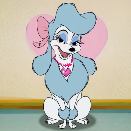 georgette_oliver, light blue fur, poodle, dog, Disney, ((((((looking at viewer)))))), female, (feral), (((looking at viewer))), (((front-view))), smug, (((eyelashes))), (((girly))), (((flirty))), slightly open mouth, (((no neckwear except pink heart necklace))), solo, happy, smiling, feral, quadruped, ((((((full-body view)))))), (((sitting in place))), friendly, four paws, (((mostly open eyes))), (((open mouth))), cute, sweet, solo, large expressive eyes, detailed fur, 2D, tall, lean body