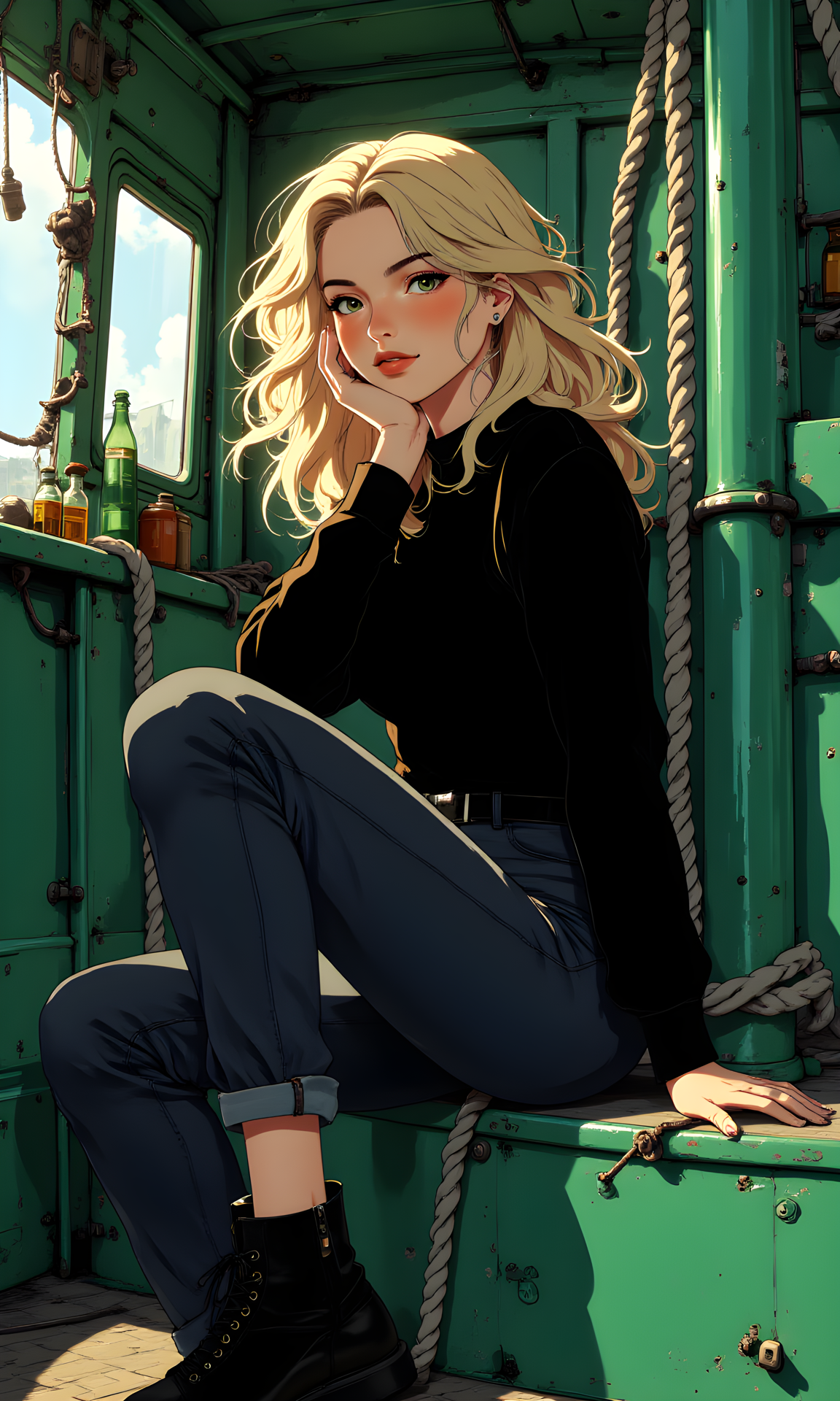 A woman with long, wavy hair sitting on the deck of a boat. She is leaning against a green metal structure, which appears to be part of the boat's hull. Her pose is relaxed and casual, with one hand resting on her knee and the other raised near her face.
Her facial expression is confident and slightly playful. She has a slight smile on her lips, and her eyes are looking directly at the camera, creating a sense of connection with the viewer. The overall mood conveyed by her expression is one of ease and self-assurance.
She is seated with her legs crossed at the ankles, giving a relaxed and comfortable appearance. One arm is bent, with her hand resting on her knee, while the other arm is raised, with her hand near her face. This pose adds a dynamic element to the image, making it more engaging and interesting.
The woman is dressed in a black long-sleeved top and dark jeans, which create a sleek and stylish look. The top fits snugly, accentuating her figure, while the jeans are slightly cropped, revealing her ankles. She is also wearing black boots, which add a touch of edginess to her outfit. The overall style is modern and chic, suitable for a casual yet fashionable setting.
The camera is positioned at eye level, capturing the woman from a frontal perspective. This angle allows for a direct and intimate view of her face and upper body. The framing is tight, focusing primarily on her and the immediate surroundings.
The lighting in the image is soft and diffused, likely from natural light coming through the windows or openings of the boat. The light highlights her features and the texture of her clothing, creating a warm and inviting atmosphere. The shadows are gentle and subtle, adding depth and dimension to the image without overpowering the subject.
The background features the interior of a boat, with various elements such as ropes, bottles, and other nautical items scattered around. The green metal structure she is leaning against is a prominent feature, providing a strong visual anchor for the image. The overall setting suggests a maritime environment, adding a unique and interesting context to the scene.
The composition is well-balanced and harmonious, with the woman centered in the frame. The lines of the ropes and the structure of the boat guide the viewer's eye through the image, creating a sense of movement and interaction. The contrast between the dark tones of her clothing and the lighter background enhances the overall visual impact. The overall effect is one of casual elegance and timeless beauty, capturing a candid and stylish moment in a nautical setting.
BREAK j_art, anime art, <lora:FLUX\RetroAnimeS1.1:0.1>, <lora:FLUX\GLSHS:0.1>, <lora:FLUX\Dieselpunk Delight - s0_9 g4:0.1>, <lora:FLUX\Anime Art V3:0.1>, <lora:FLUX\jul\J_Anime:1.0>