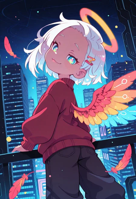 score_9, score_8_up, score_8, pastel colors, highly detailed, masterpiece, source_anime, cinematic light, (cute:1.2), (adorable:1.2), (short:1.2), best quality, amazing quality, studio anime, official style, masterpiece, anime screencap, anime style, dynamic composition, dynamic angle, dramatic lighting, very awa, rich and vibrant colors, rating_cute, (Maximum Contrast, Saturated Color, Bright Colors), (masterpiece), (best quality), 1girl, (lens flare:1.0), (negative space), (solo), (floating colorful particles:1.0), (many colorful halos:1.0),(floating red feathers:1.0), (musical wings:1.0), (ray tracing, glowing:1.2), (colorful:1.0), (beautiful detailed glow:1.0), (leaning back:1.0), (smirk:1.0), (lips, eyelashes:1.0), ,(), (white hair:1.4), (medium hair:1.0), (from behind), (halo:1.3), (head tilt:1.0), (dynamic pose:1.0), (asymmetrical hair:1.3), (red dress:1.0), (sci-fi,futuristic), (pants), (aqua pupils:1.4), (forehead:1.2), asymmetrical bangs, one eye covered, wavy hair, sweater, city, skyscraper, indoors, inside, hairpin, standing, looking at viewer,