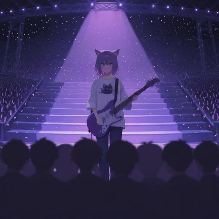 Here's a prompt to generate an image similar to the one you provided: **Prompt:** Anime style illustration of a young male guitarist on stage. He has dark, tousled hair and a somewhat serious expression. He's wearing a white long-sleeved shirt with a stylized cartoon cat graphic on it. He is holding a bright pink electric guitar. The background is a concert stage with blurred figures of a crowd, bright purple stage lights, and a shower of confetti. The overall style is vibrant and colorful with sharp details.