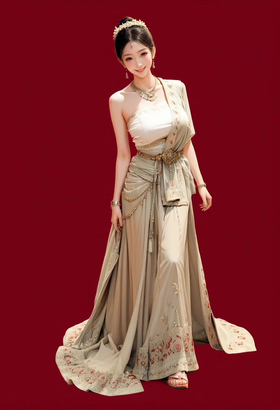 1girl,red background,,ruanyi1012,sari,dress,tube top,necklace,jewelry,bracelet,
full body,<lora:1012 traditional clothing 1_v1_pony:1>, score_9, score_8_up, score_7_up, score_6_up, score_9, score_8_up, score_7_up, score_6_up source_anime, blush, 1girl, seduce smile, perfect body , natural huge breasts