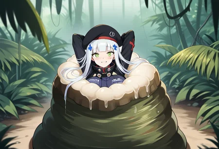 NSFW, looking down, masterpiece, best quality, amazing quality, very aesthetic, score_9,score_8_up, score_7_up, score_6_up, BREAK, official art, solo, outdoors, upper body, (portrait:1.5), looking at viewer, facing viewer, blush, hk416 (girls' frontline), hat,beret, black headwear, very long hair, white hair, x hair ornament, sidelocks, blunt bangs, green eyes, facial mark, teardrop, military jacket, purple jacket, clothes writing, uniform, white gloves, long sleeves, black sleeve, german flag, large breasts, skindentation, <lora:HK416(gf)-Pony:1.3>, (score_9, score_8_up, score_7_up, score_6_up, score_5_up, score_4_up), source_anime,<lora:vore_lower_body-2:1>, slime creature, restrained, being eaten, vore, Like like, monster, <lora:Like like illus:1>, arms out, arms behind head, Creature massaging her, (jungle:1.2), (blushing), looking down, palmtree blurry background depth of field, (from above:1.3), seductive smile