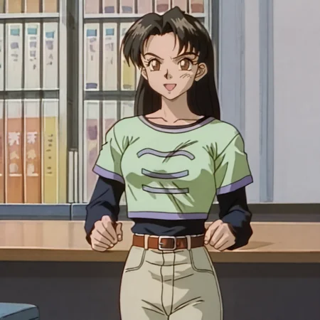 <lora:SakuraOVA_pony_v1:1> Sakura, 1girl, brown eyes, pants, belt, shirt, collarbone, retro artstyle, black long hair, 1990s (style), long sleeves