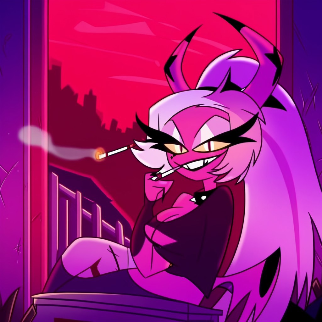 VerosikaMayday. VerosikaApologytour. demon girl. pink skin. horns. female focus. tail. wings. succubus, smile, teeth, nail polish, grin, evil smile, evil eyes, goth make up, sitting on grave, Oudoors, graveyard, looking at you, smoking