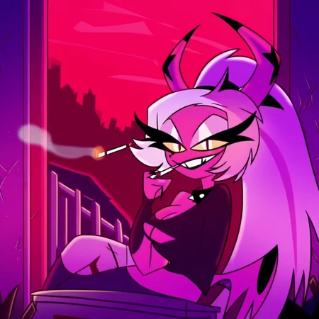 VerosikaMayday. VerosikaApologytour. demon girl. pink skin. horns. female focus. tail. wings. succubus, smile, teeth, nail polish, grin, evil smile, evil eyes, goth make up, sitting on grave, Oudoors, graveyard, looking at you, smoking