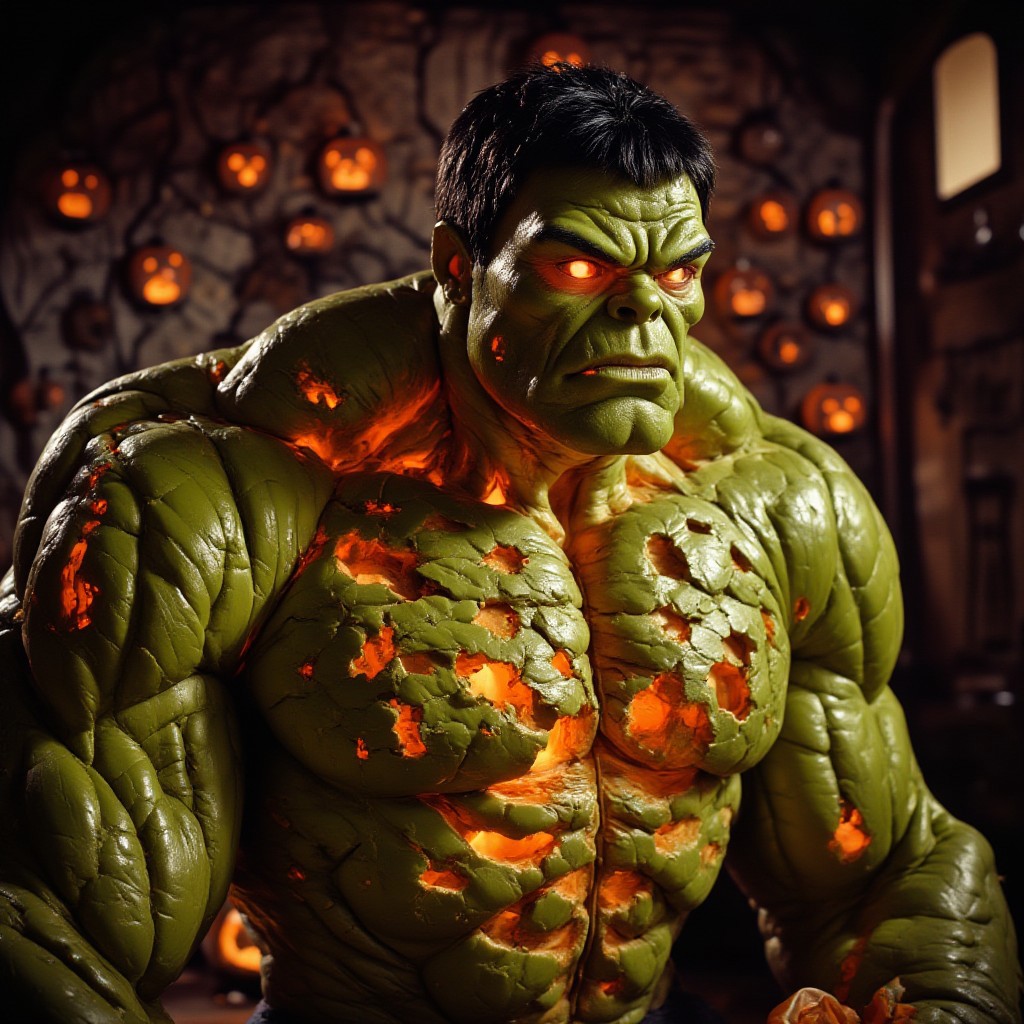 "A giant Hulk made from carved pumpkins, glowing with an eerie orange light. The green skin is painted over pumpkin textures, muscles bulging, and the fierce expression captures the Hulk's rage, Halloween-style."