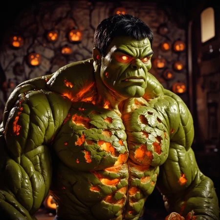 "A giant Hulk made from carved pumpkins, glowing with an eerie orange light. The green skin is painted over pumpkin textures, muscles bulging, and the fierce expression captures the Hulk's rage, Halloween-style."