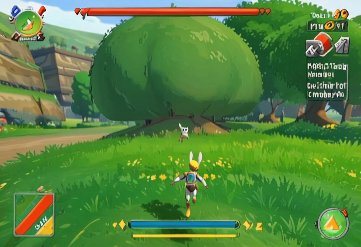 zPDXL3, Score_7_up, score_8_up,vg_ss, english text, fake screenshot, user interface, minimap, Health bar, Gameplay mechanics , ((Third person view)), 
BREAK,
 facing away, 1girl, anthro rabbit, white and gold warrior gear, (jumping in the air:1.13), 
Grassy hills,