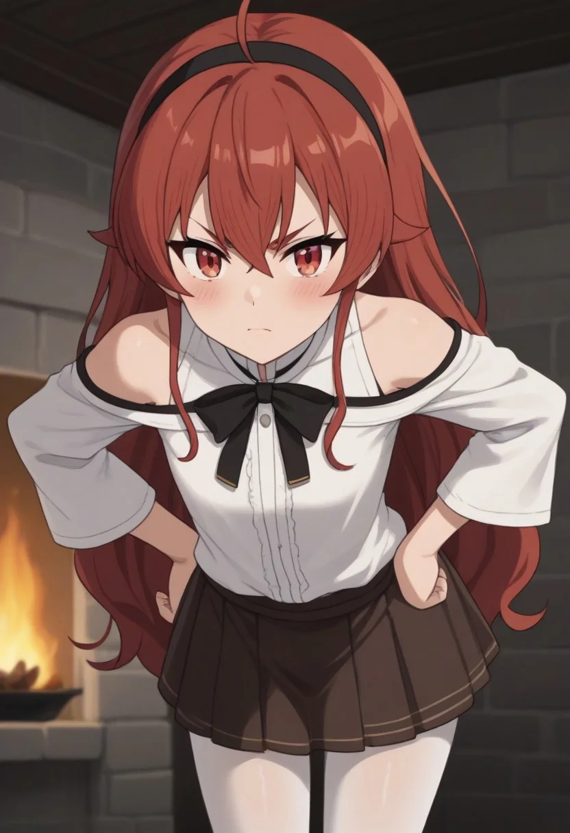 score_9, score_8_up, score_7_up, source_anime, rating_explicite
BREAK
1 girl, solo, eris greyrat, tiny, hair between eyes, long hair, red eyes, red hair, tiny body, small body, black hairband, hairband, small legs, tiny legs, short legs,
BREAK
ahoge, sidelocks, looking_at_viewer, tsundere, leaning forward, hands on hips, blush,
BREAK
black ribbon, brown skirt, long sleeves, neck ribbon, pantyhose, ribbon, shirt, shoulder cutout, skirt, white pantyhose, white shirt, wide sleeves
BREAK
BREAK
BREAK
BREAK
 dutch angle
BREAK
indoors, old house, stone fireplace
BREAK
BREAK