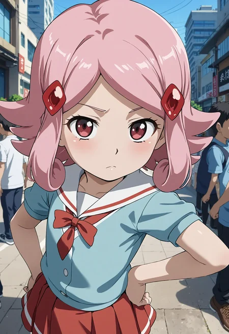 <lora:Hyper-SDXL-8steps-lora:1> <lora:Fixhands_anime_bdsqlsz_V1:1> zPDXL2, score_9, score_8_up, score_7_up, source_anime, intricate details, perfect anatomy BREAK
outdoors, city, tokyo, japan, audience, crowd, looking at viewer, upper body, hand on own hip, perspective ,pointing at viewer, dynamic angle, from side, Stoic, Expressionless face with a neutral mouth and a neutral gaze., 1girl, solo, solo focus,
<lora:PAD-uzuki_sakura_XL(pony)v10:1> PAD-sakura, pink hair, medium hair, red eyes, hair ornament, PAD-sakura outfit, aqua dress, sailor collar, red skirt, black socks, white shoes,