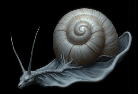 This creature presents a fusion of snake human head and snail features. Its core design revolves around a serpentine body integrated with a shell. the creature appears ethereal and luminous, with a pearl-like, almost celestial shell and a pale, ghostly body.
Set against a solid dark black color background to emphasize its unsettling unnatural form that emphasizes its silhouette. The medium is not a traditional painting or illustrative medium like watercolor or ink but rather a digital 3D rendering.
MikeFranchinastyle, d4artstyle, d4concept, , bbstyle,, horror theme,, zbrush, ZBClay model of a gray sculpture, 1990's, 1990's style