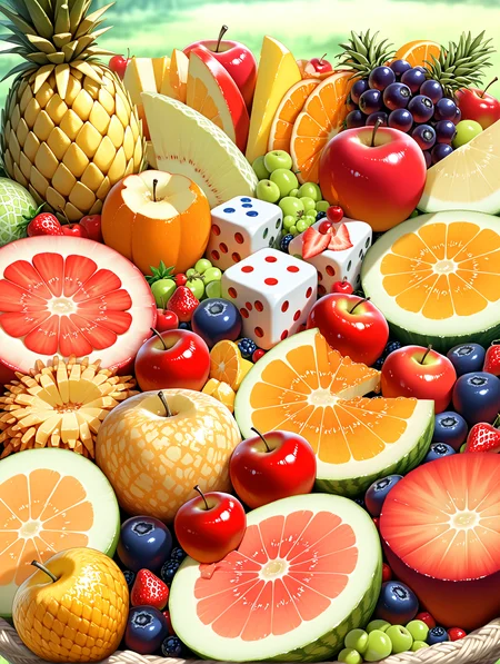 masterpiece, best quality, absurdres, amazing quality <lora:cfg_scale_boost:0.3> <lora:StS-Illustrious-Detail-Slider-v1.0:3> <lora:StS_Age_Slider_Illustrious_v1:3>,detailed_background,outdoors,strawberry slice,food,orange slice,cherry,grapes,mango,apple slice,melon slice,orange \(fruit\),blueberry,apple,melon,strawberry,fruit,pineapple,yuki112071,no humans,berry,dice