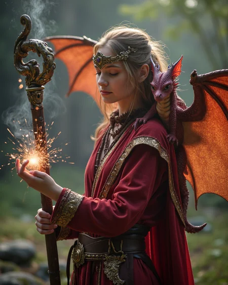 candid photography of a 21 year old woman with her enchanted staff, she conjures spells that shimmer with ethereal light. Perched on her shoulder is her loyal companion, a child dragon, whose scales glisten like rubies. Together, they navigate the mystical landscapes, their bond unbreakable. In this fantastical world, she is both warrior and protector, a symbol of courage and magic intertwined