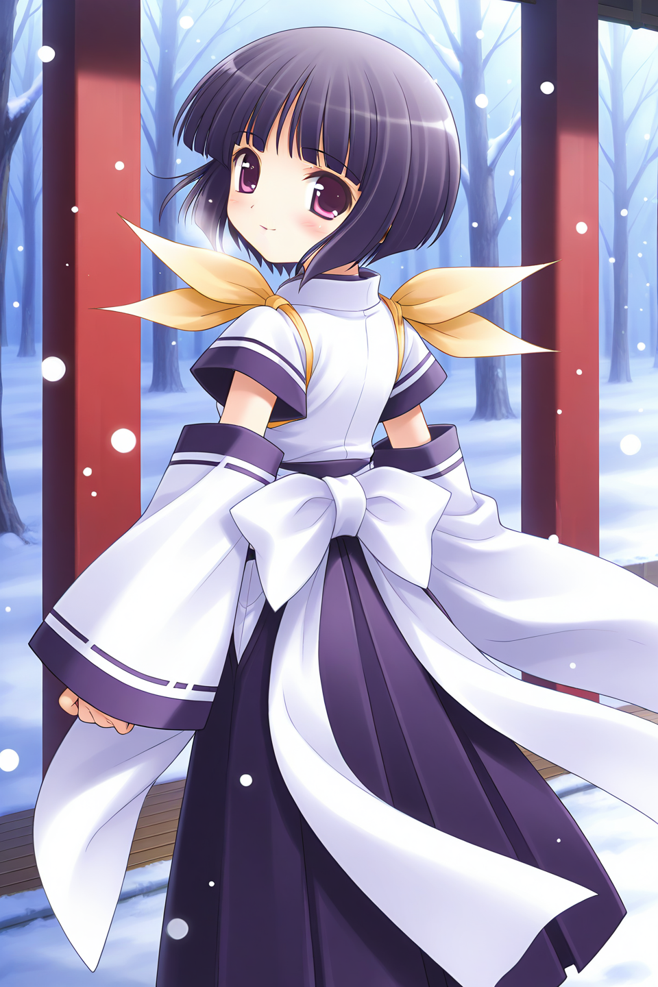 masterpiece, best quality, absurdres, official art, official style, general BREAK <lora:arisakashiina_IL_v1-2:0.7>, arisaka shiina, 1girl, solo, purple eyes, black hair, purple hair, short hair, bob cut, blunt bangs, flat chest BREAK japanese clothes, white dress, short sleeves, blue line, detached sleeves, wide sleeves, sleeves past wrists, yellow ribbon, shoulder ribbon, white sash, blue hakama, white bow, back bow, hakama skirt, looking back, blush, from behind, japanese clothes, looking at viewer, smile, snowing, snow