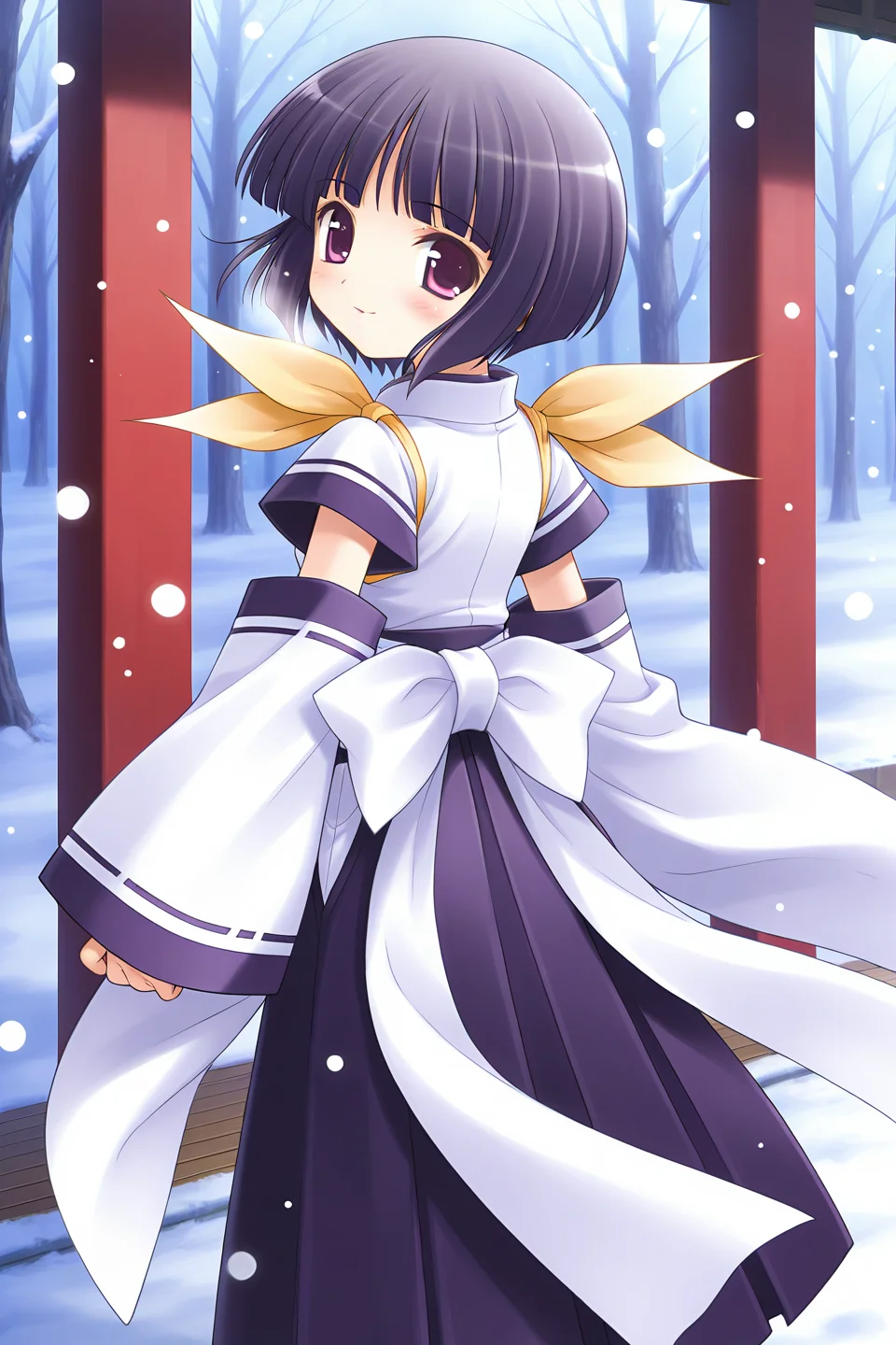 masterpiece, best quality, absurdres, official art, official style, general BREAK <lora:arisakashiina_IL_v1-2:0.7>, arisaka shiina, 1girl, solo, purple eyes, black hair, purple hair, short hair, bob cut, blunt bangs, flat chest BREAK japanese clothes, white dress, short sleeves, blue line, detached sleeves, wide sleeves, sleeves past wrists, yellow ribbon, shoulder ribbon, white sash, blue hakama, white bow, back bow, hakama skirt, looking back, blush, from behind, japanese clothes, looking at viewer, smile, snowing, snow
