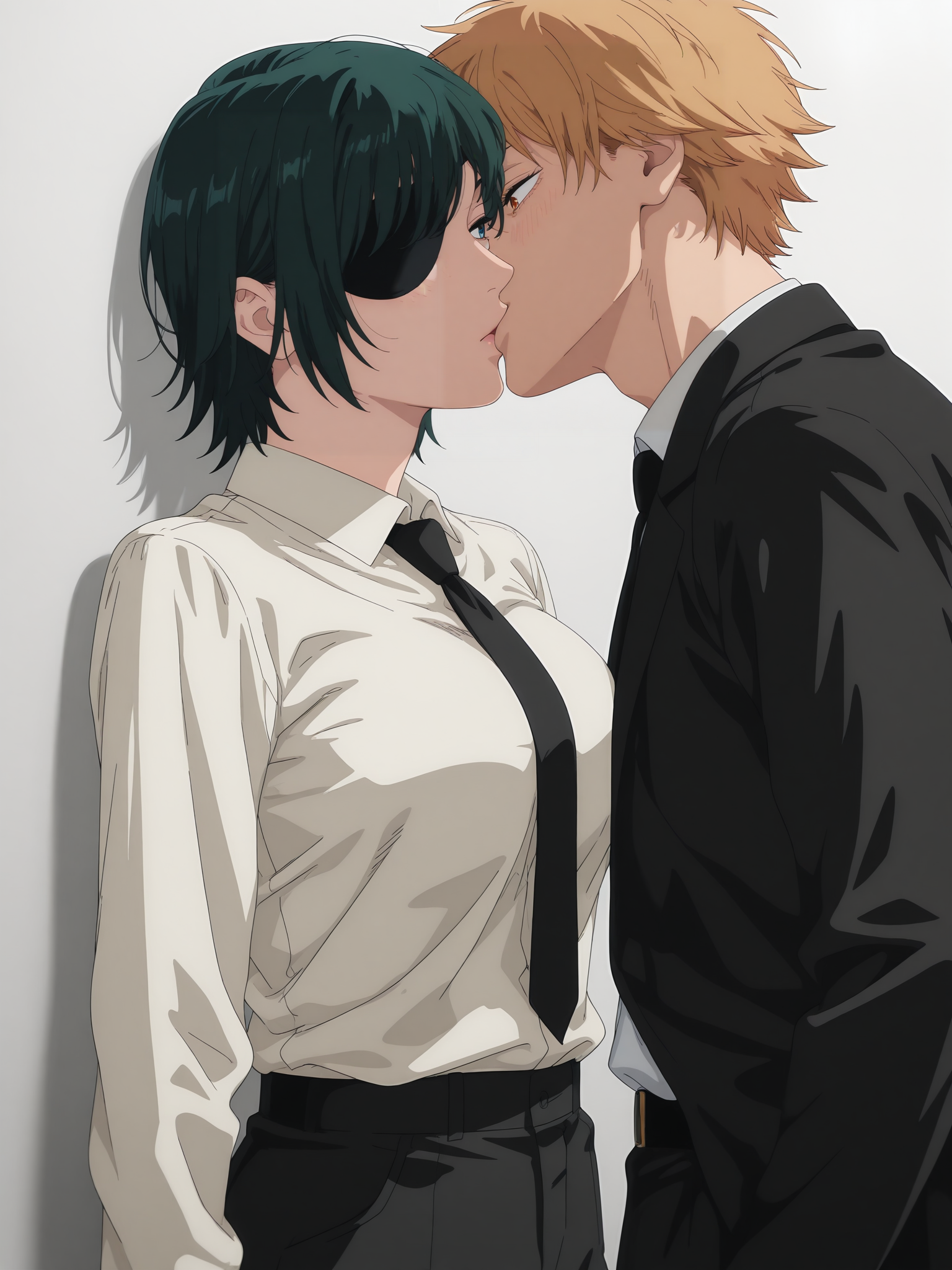score_9, score_8_up, score_7_up, source_anime, hires image, masterpiece, best quality,   anime coloring, anime screencap, masterpiece, best quality, amazing quality, intricate details
himeno (chainsaw man), mature female, short hair, green hair, blue eyes, good eyes, medium breasts, eyepatch, <lora:Chainsaw_Man_Style__Character_Pack:0.8> 1girl, solo, 
score_9, score_8_up, score_7_up, source_anime, hires image, masterpiece, best quality, BREAK, hair ornament, hairclip, wearing white shirt,tie, pants, standing, ,kissing 1boy denji_chainsaw_man,lip to lip,deep kiss,1 boy,denji ,black suit,tie,blonde hairs ,white background, simple background,plain background ,lean against an invisible wall on a plain white background,from some distance 
french kiss, 
