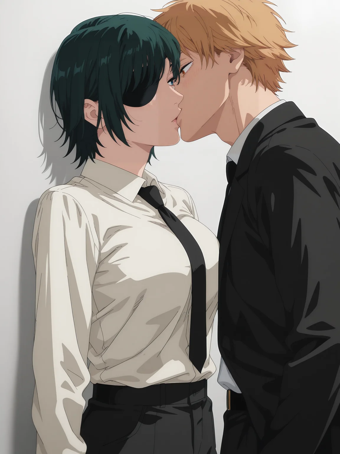 score_9, score_8_up, score_7_up, source_anime, hires image, masterpiece, best quality, anime coloring, anime screencap, masterpiece, best quality, amazing quality, intricate details
himeno (chainsaw man), mature female, short hair, green hair, blue eyes, good eyes, medium breasts, eyepatch, <lora:Chainsaw_Man_Style__Character_Pack:0.8> 1girl, solo,
score_9, score_8_up, score_7_up, source_anime, hires image, masterpiece, best quality, BREAK, hair ornament, hairclip, wearing white shirt,tie, pants, standing, ,kissing 1boy denji_chainsaw_man,lip to lip,deep kiss,1 boy,denji ,black suit,tie,blonde hairs ,white background, simple background,plain background ,lean against an invisible wall on a plain white background,from some distance
french kiss,